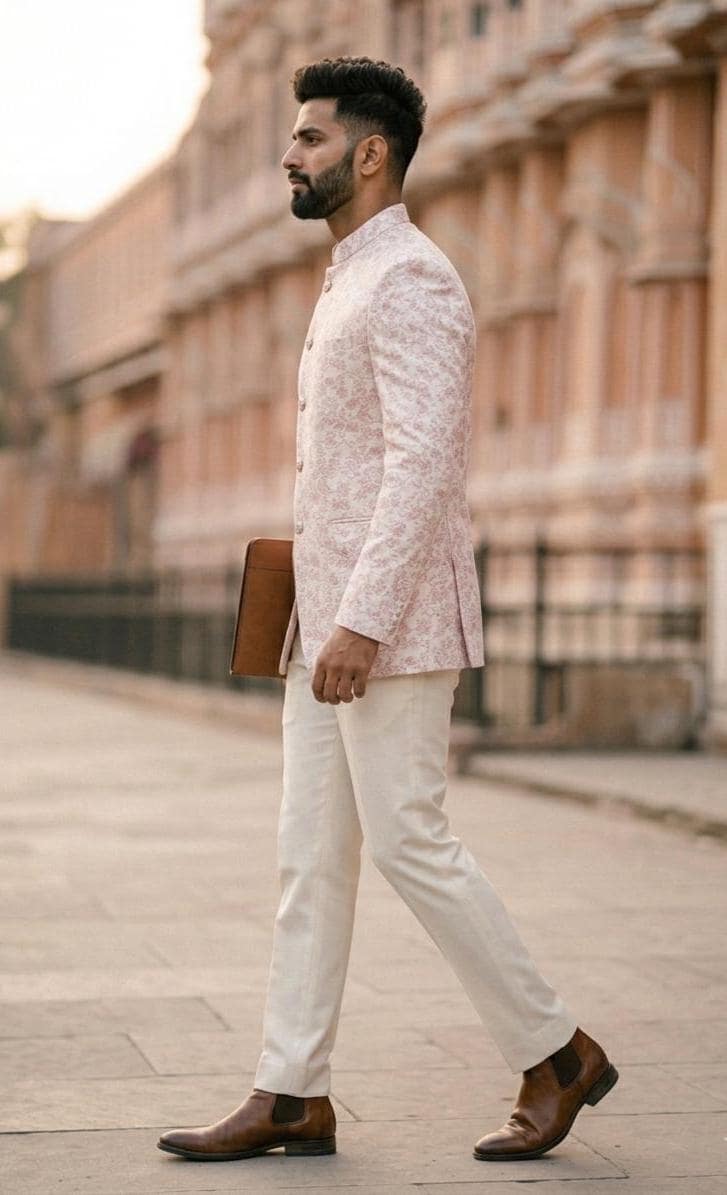 Blush Pink Brocade Bandhgala Jodhpuri Suit, Custom Tailored Jacket for Prom