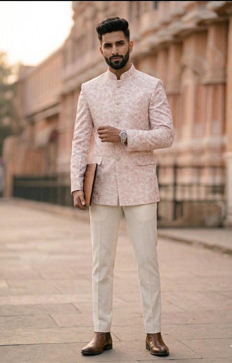 Blush Pink Brocade Bandhgala Jodhpuri Suit, Custom Tailored Jacket for Prom