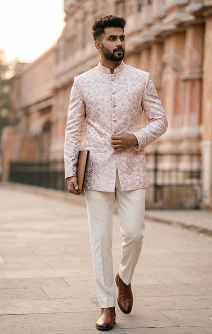 Blush Pink Brocade Bandhgala Jodhpuri Suit, Custom Tailored Jacket for Prom