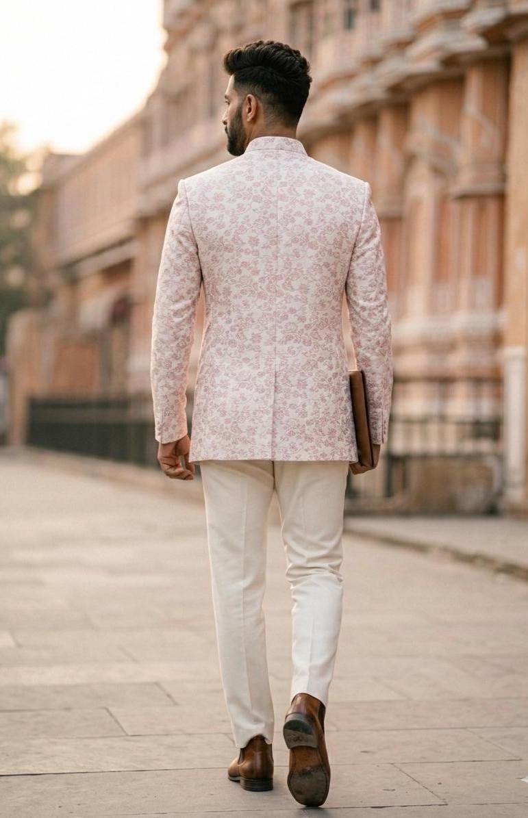 Blush Pink Brocade Bandhgala Jodhpuri Suit, Custom Tailored Jacket for Prom
