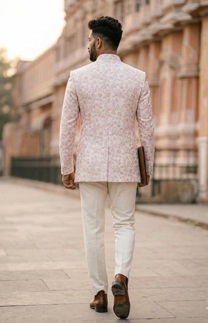 Blush Pink Brocade Bandhgala Jodhpuri Suit, Custom Tailored Jacket for Prom