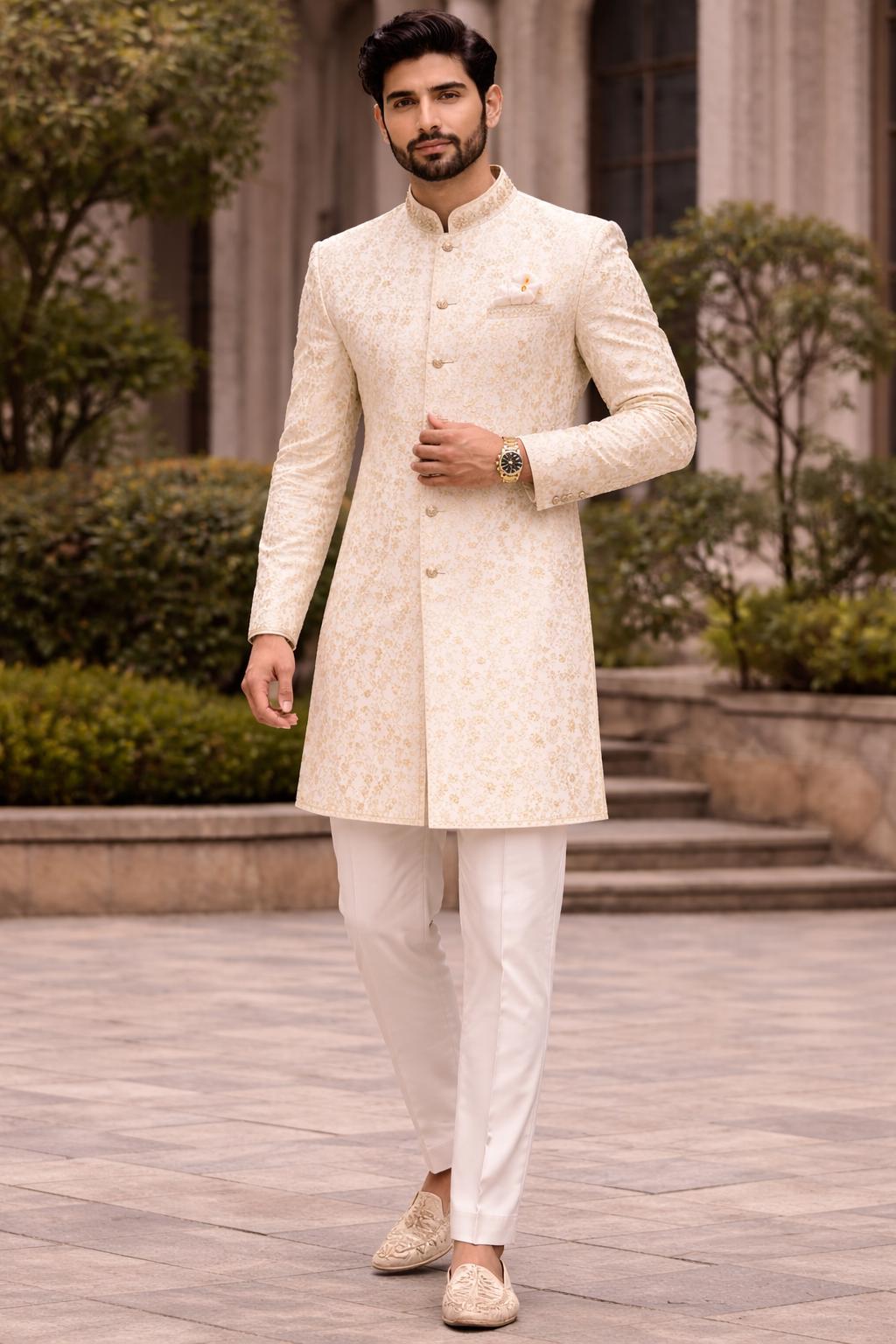 Ivory Gold Brocade Wedding Sherwani for Men, Indo Western Groom Achkan Set