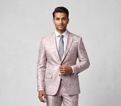 Blush Pink Brocade Floral Two Piece Groom Suit