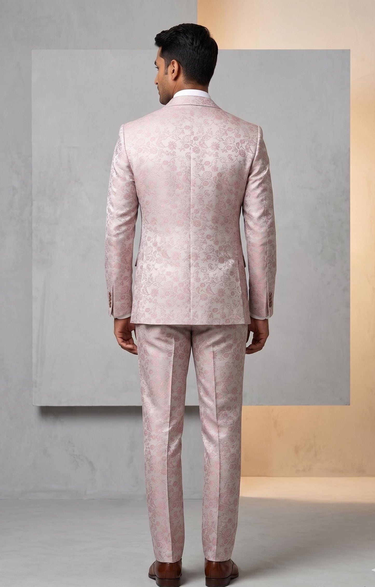 Blush Pink Brocade Floral Two Piece Groom Suit