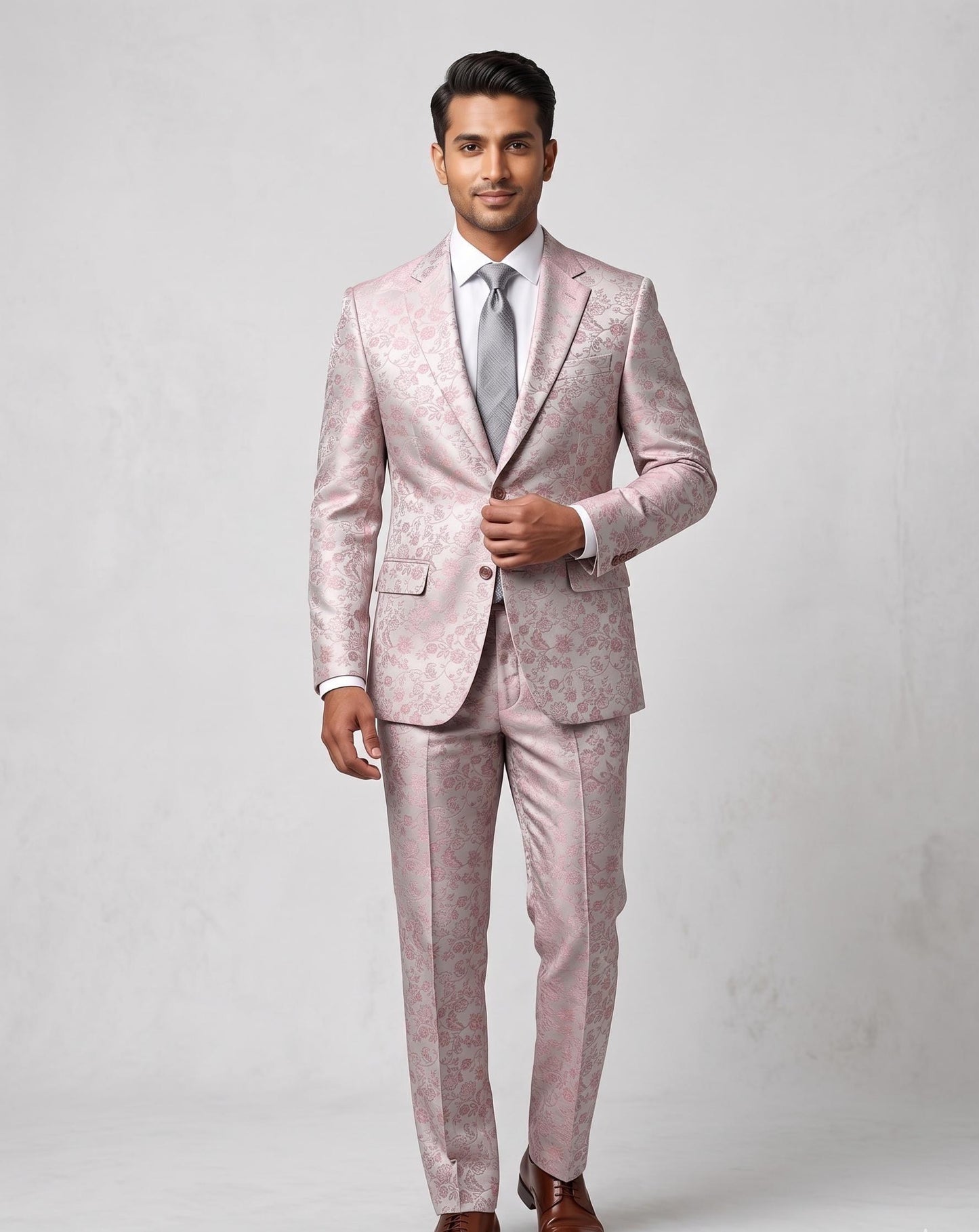 Blush Pink Brocade Floral Two Piece Groom Suit