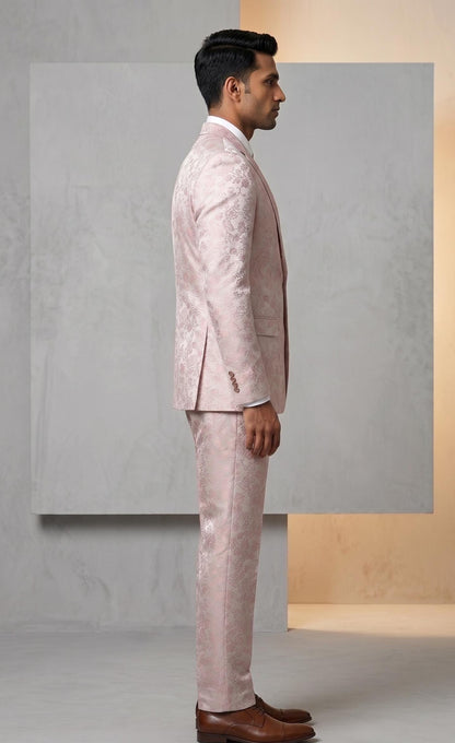 Blush Pink Brocade Floral Two Piece Groom Suit