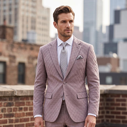 Dusty Rose Textured Jacquard Groom Suit, Custom Fit Wedding Outfit for Men