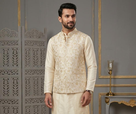 Men's Ivory Gold Brocade Kurta Pajama Set with Jacket, Groom Wedding Nehru Bandi