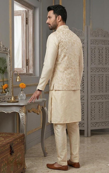 Men's Ivory Gold Brocade Kurta Pajama Set with Jacket, Groom Wedding Nehru Bandi