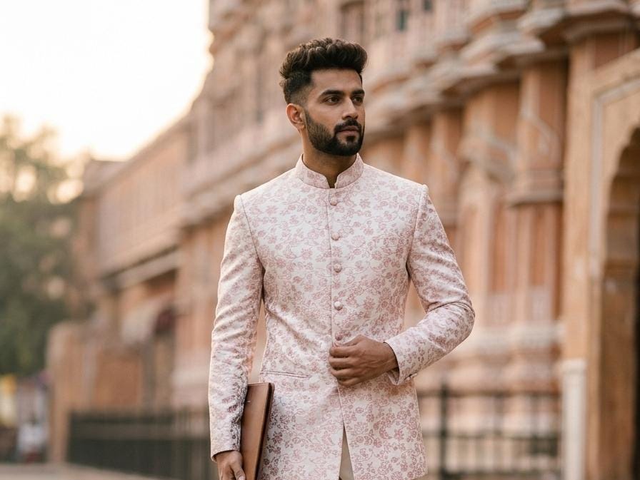 Blush Pink Brocade Bandhgala Jodhpuri Suit, Custom Tailored Jacket for Prom