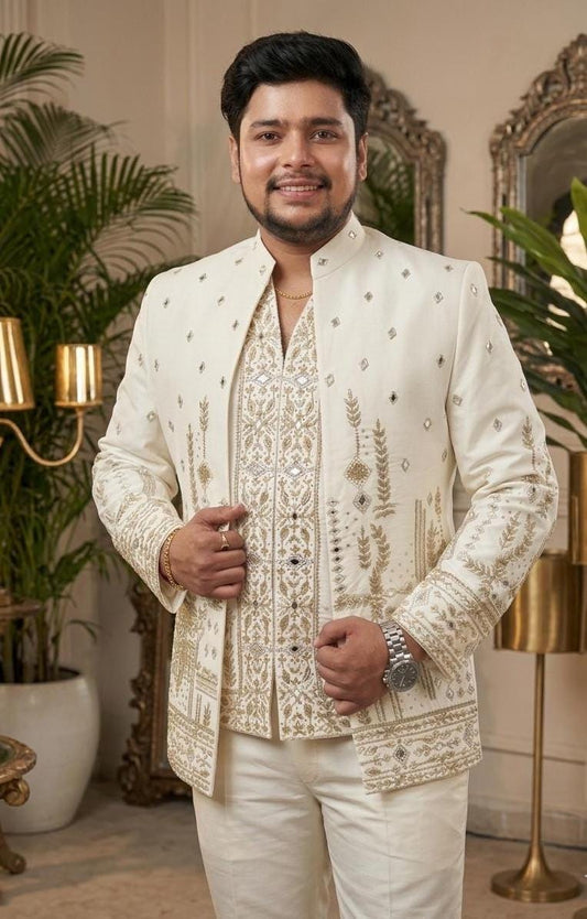 Ivory Art Silk Bandhgala Suit, Zardozi Embroidered Jodhpuri Wedding Jacket Set