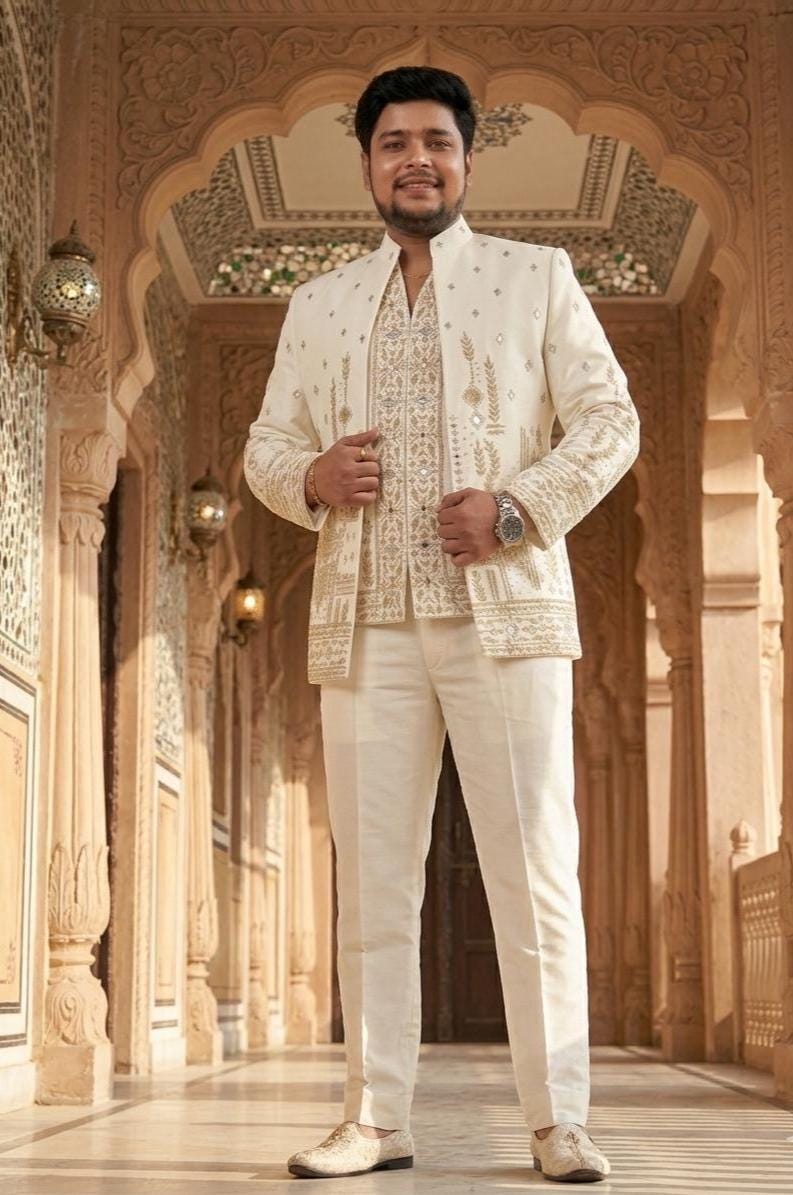 Ivory Art Silk Bandhgala Suit, Zardozi Embroidered Jodhpuri Wedding Jacket Set