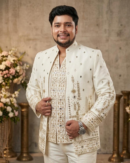 Ivory Art Silk Bandhgala Suit, Zardozi Embroidered Jodhpuri Wedding Jacket Set