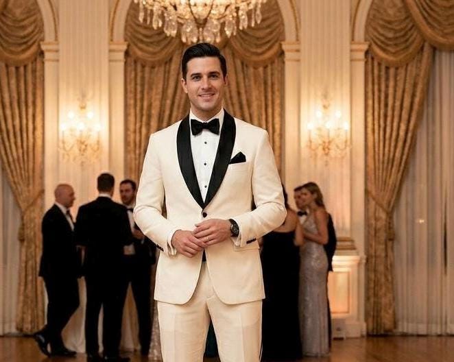 Elegant Cream Tuxedo Suit for Men with Black Shawl Lapel, Ivory Dinner Jacket