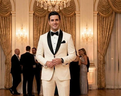 Elegant Cream Tuxedo Suit for Men with Black Shawl Lapel, Ivory Dinner Jacket