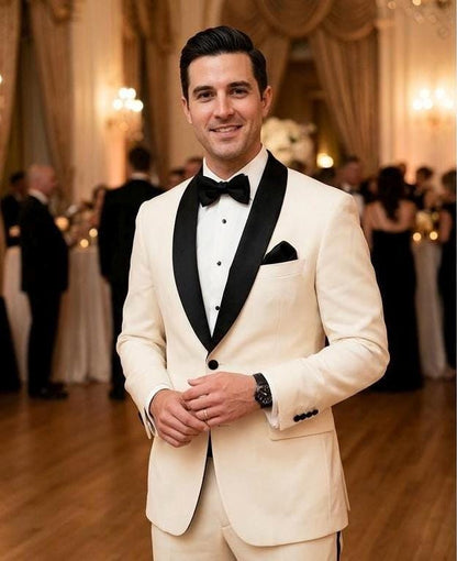 Elegant Cream Tuxedo Suit for Men with Black Shawl Lapel, Ivory Dinner Jacket