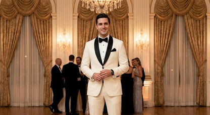 Elegant Cream Tuxedo Suit for Men with Black Shawl Lapel, Ivory Dinner Jacket