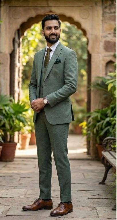 Dust Green Tweed 3 Piece Suit for Men, Vintage Wedding Suit Winter Prom Suits