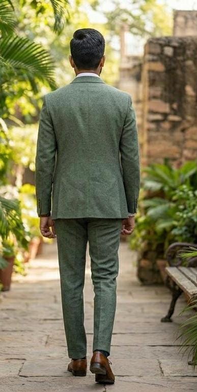 Dust Green Tweed 3 Piece Suit for Men, Vintage Wedding Suit Winter Prom Suits