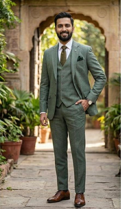Dust Green Tweed 3 Piece Suit for Men, Vintage Wedding Suit Winter Prom Suits
