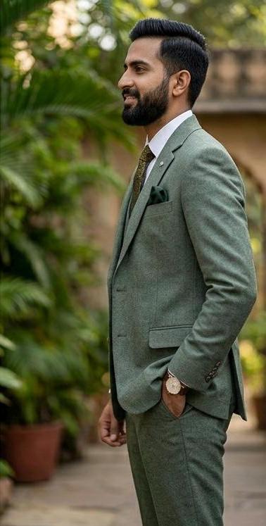 Dust Green Tweed 3 Piece Suit for Men, Vintage Wedding Suit Winter Prom Suits