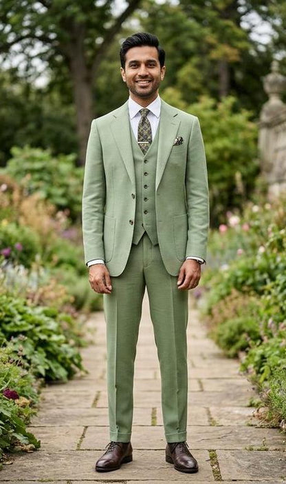 Custom Pistachio Green 3-Piece Suit, Bespoke Men's Wedding Party Attire