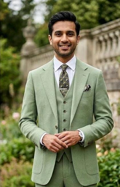Custom Pistachio Green 3-Piece Suit, Bespoke Men's Wedding Party Attire