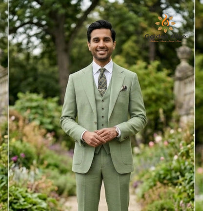 Custom Pistachio Green 3-Piece Suit, Bespoke Men's Wedding Party Attire