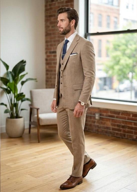 Beige 3-Piece Slim Fit Suit: Golden Attire Wedding Tuxedo