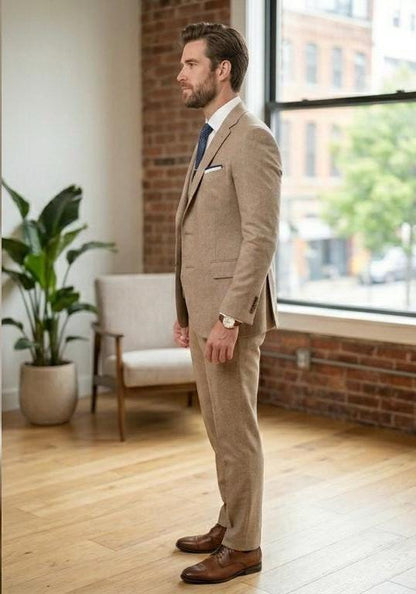 Beige 3-Piece Slim Fit Suit: Golden Attire Wedding Tuxedo