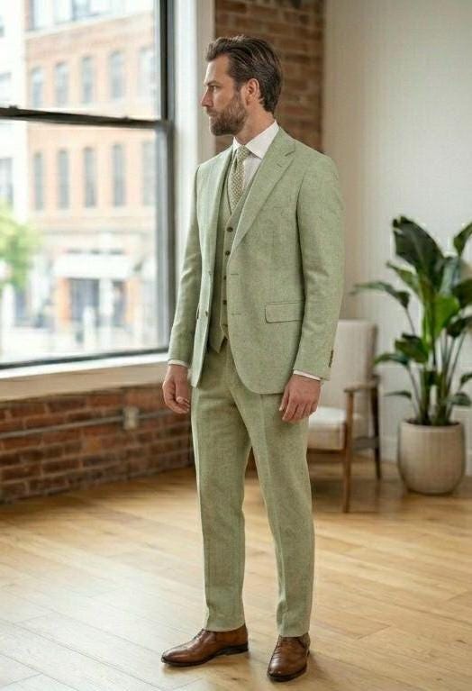 Men's Pistachio Green Three-Piece Suit, Wedding Suit for Groom