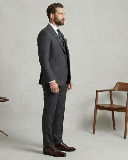 Solid Grey Terri-Rayon Three-Piece Suit, Modern Tailored Fit, Formal Wedding Attire