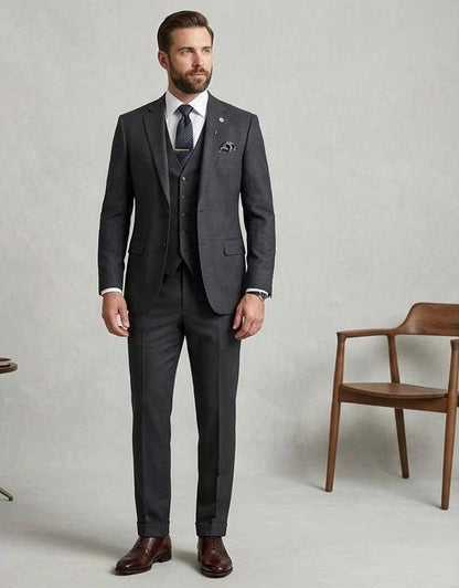 Solid Grey Terri-Rayon Three-Piece Suit, Modern Tailored Fit, Formal Wedding Attire