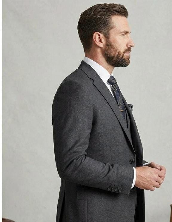 Solid Grey Terri-Rayon Three-Piece Suit, Modern Tailored Fit, Formal Wedding Attire