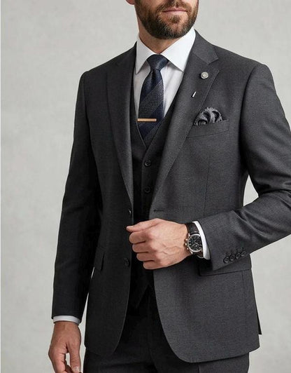 Solid Grey Terri-Rayon Three-Piece Suit, Modern Tailored Fit, Formal Wedding Attire