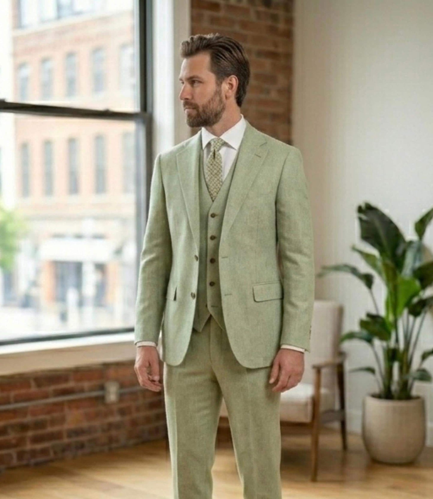 Men's Pistachio Green Three-Piece Suit, Wedding Suit for Groom