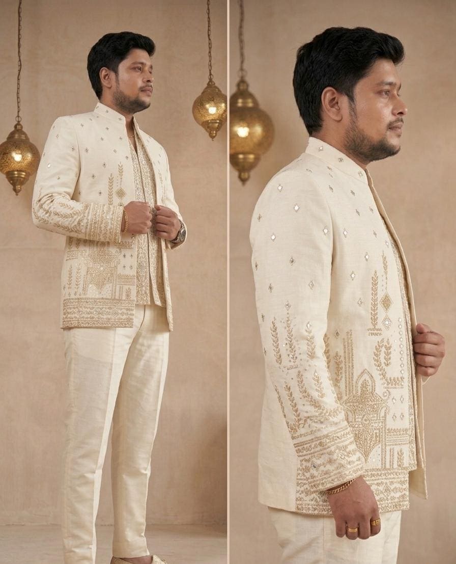 Ivory Art Silk Bandhgala Suit, Zardozi Embroidered Jodhpuri Wedding Jacket Set
