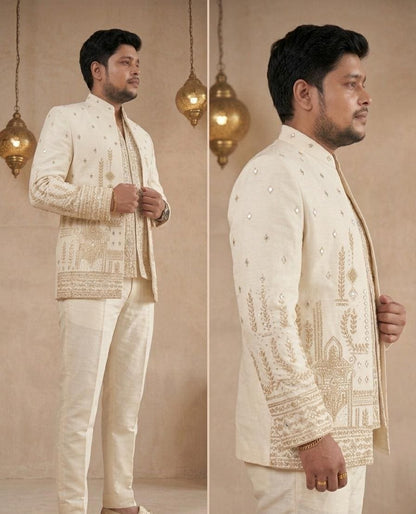 Ivory Art Silk Bandhgala Suit, Zardozi Embroidered Jodhpuri Wedding Jacket Set