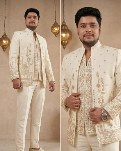 Ivory Art Silk Bandhgala Suit, Zardozi Embroidered Jodhpuri Wedding Jacket Set