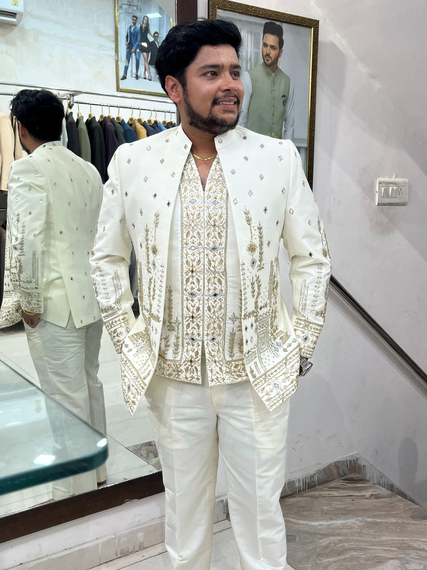 Ivory Art Silk Bandhgala Suit, Zardozi Embroidered Jodhpuri Wedding Jacket Set