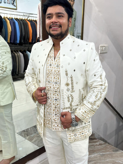 Ivory Art Silk Bandhgala Suit, Zardozi Embroidered Jodhpuri Wedding Jacket Set