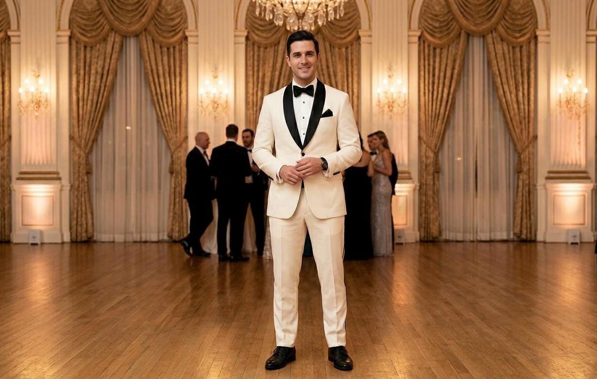 Elegant Cream Tuxedo Suit for Men with Black Shawl Lapel, Ivory Dinner Jacket