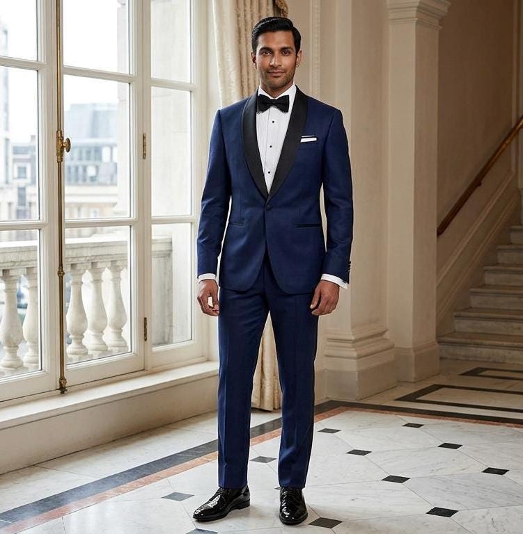 Navy Blue Shawl Lapel Tuxedo Suit, Custom Tailored Men's Formal Wear