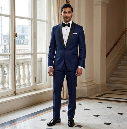 Navy Blue Shawl Lapel Tuxedo Suit, Custom Tailored Men's Formal Wear