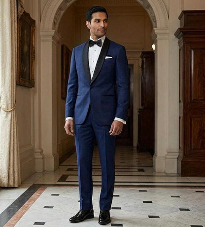 Navy Blue Shawl Lapel Tuxedo Suit, Custom Tailored Men's Formal Wear
