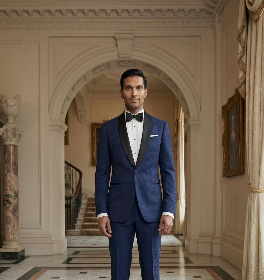 Navy Blue Shawl Lapel Tuxedo Suit, Custom Tailored Men's Formal Wear
