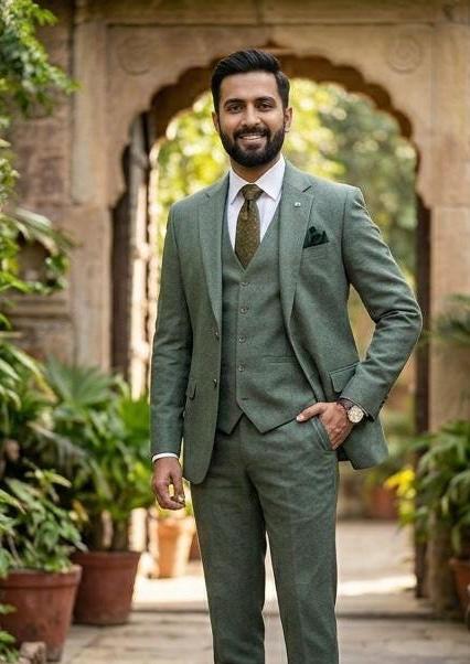 Dust Green Tweed 3 Piece Suit for Men, Vintage Wedding Suit Winter Prom Suits