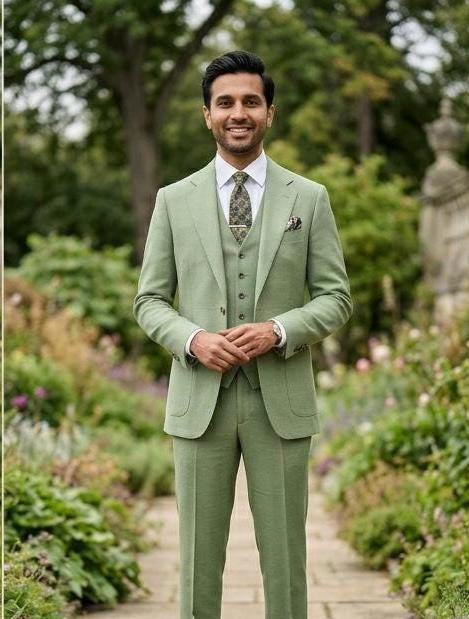 Custom Pistachio Green 3-Piece Suit, Bespoke Men's Wedding Party Attire