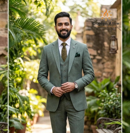 Dust Green Tweed 3 Piece Suit for Men, Vintage Wedding Suit Winter Prom Suits