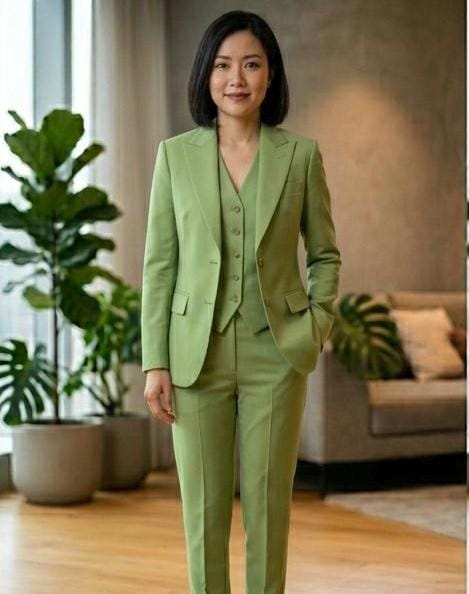 Pistachio Green Three-Piece Suit for Women, Custom Tailored Formal Suit, Elegant Wedding Guest Outfit